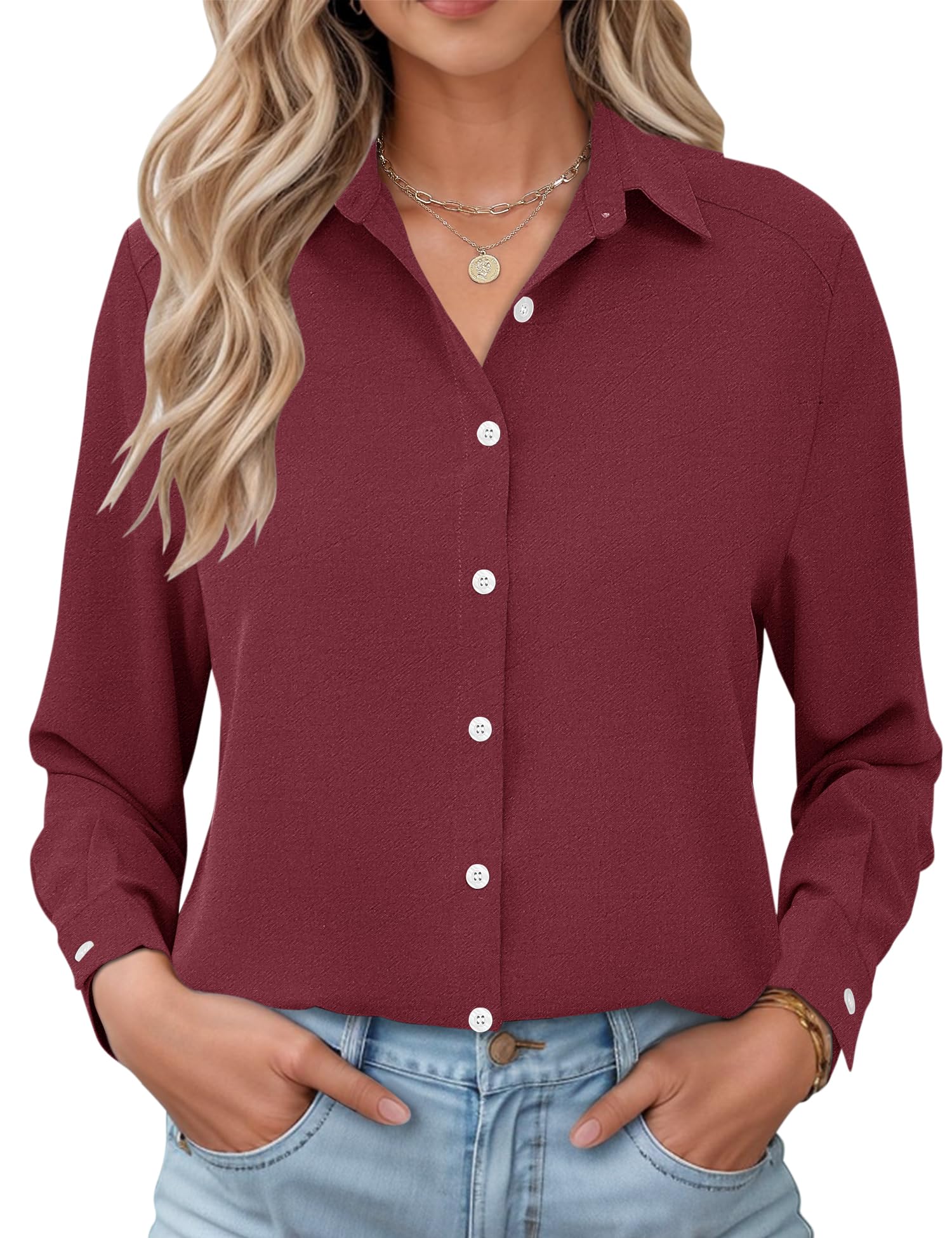 Rapbin Bluse Damen Lässig Langarm Hemd V-Ausschnitt Shirts Tunika Lockere Business Top Elegant Oberteil mit Knopfleiste
