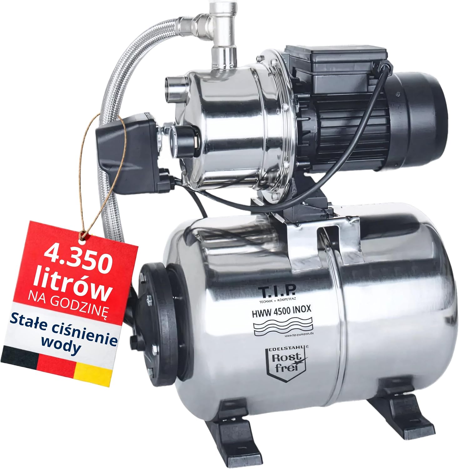 T.I.P. Hauswasserwerk HWW 4500 INOX ze stali nierdzewnej 1200 W | 4350 l/h | 50 m | 5 bar z manometrem | 22 L zbiornik | odporny na korozję