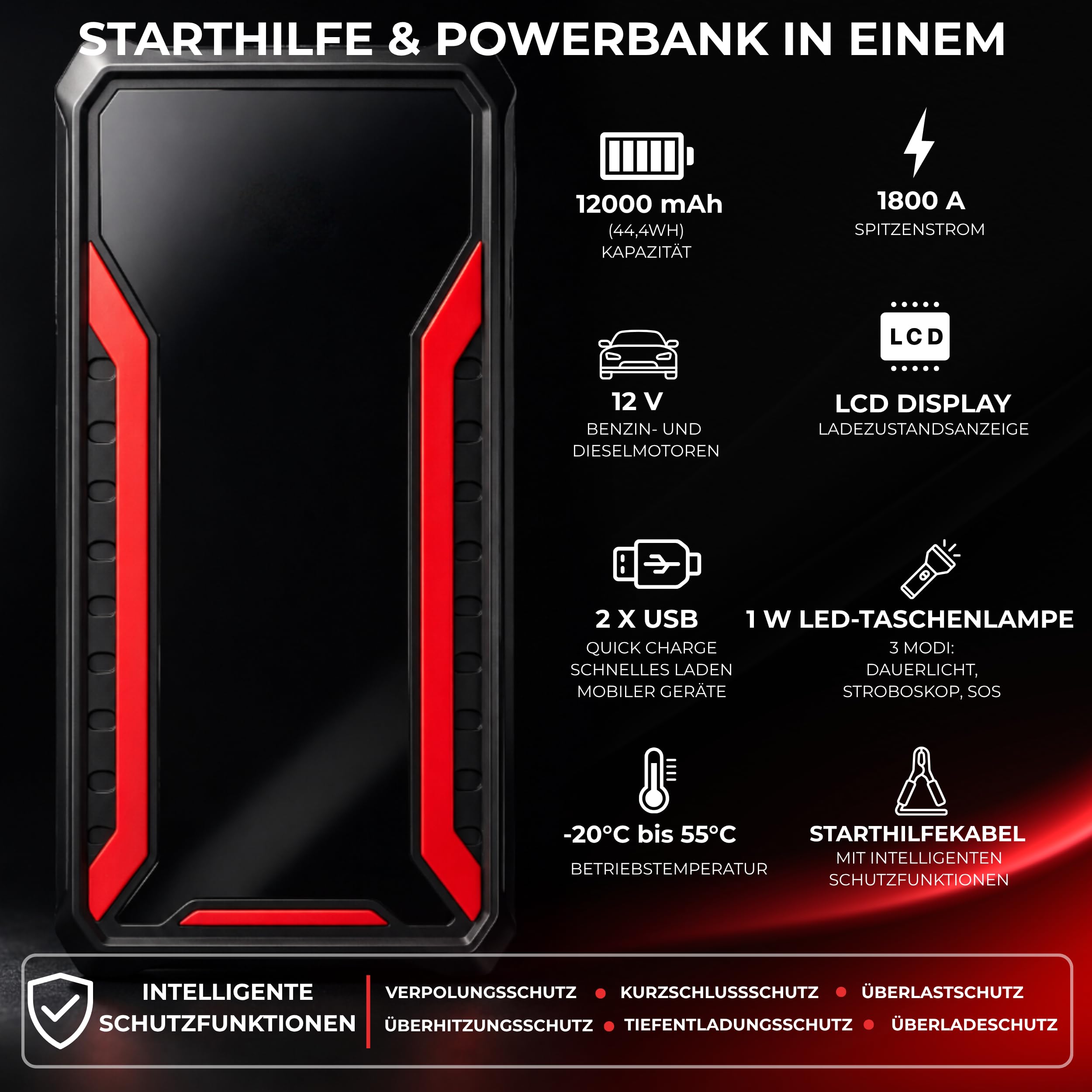 Jump Starter 12V 1800A, Powerbank DEDRA DEPP1201 Starthilfe mit 12000mAh Li-Ion Akku, Autobatterie Booster mit LCD-Anzeige und Sicherheitskabeln, Notstart von Diesel- und Benzinmotoren
