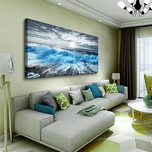 Miniatura 2 de Lapremoly Arte de pared enmarcado para sala de estar, lienzo grande, decoración de pared para oficina, playa, azul, océano, olas de mar, fotos de