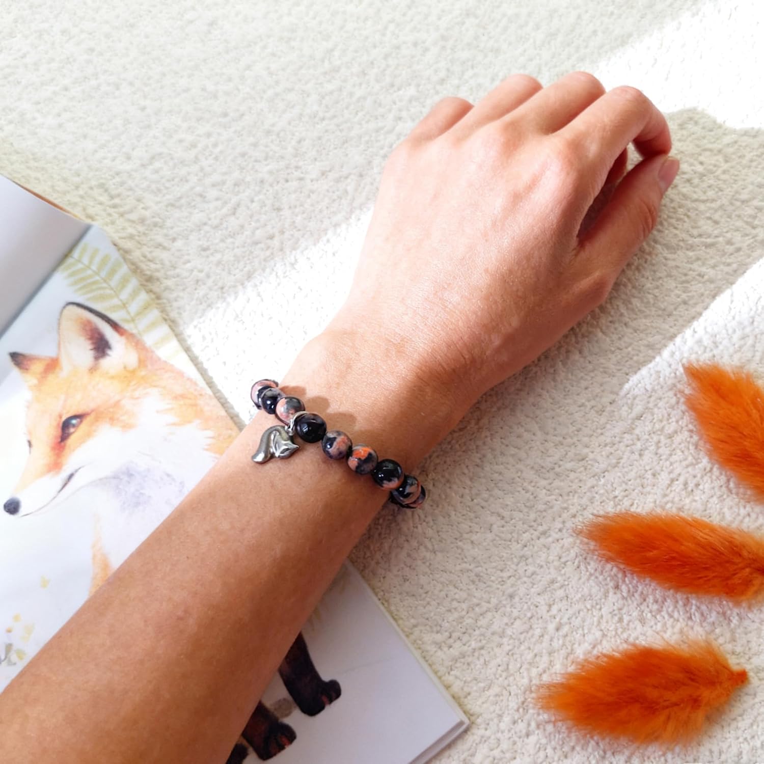 Fox Gifts for Women Fox Bracelet with Orange Black Natural Fire Agate Beads Animal Themed Jewelry