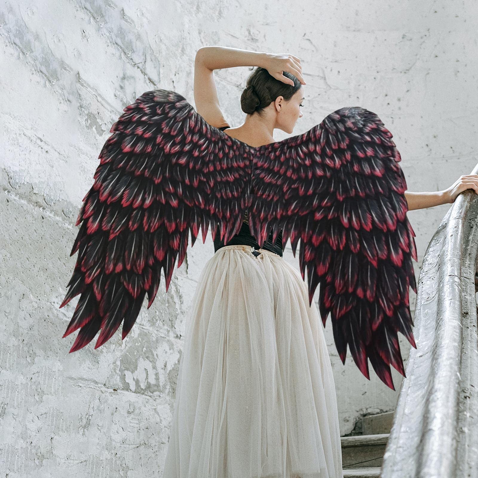LOVIVER Grandes alas de ángel para Adultos Accesorios de Disfraces de Hadas Alas Decorativas Tela no Tejida Impresa para Fiesta Carnaval de Halloween Mardi, Negro Rojo