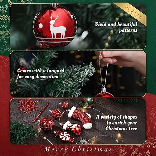 Miniatura 3 de SOLEDI Juego de 128 piezas de decoración para árbol de Navidad, adornos de Navidad surtidos, bolas de Navidad preatadas para decoraciones colgantes