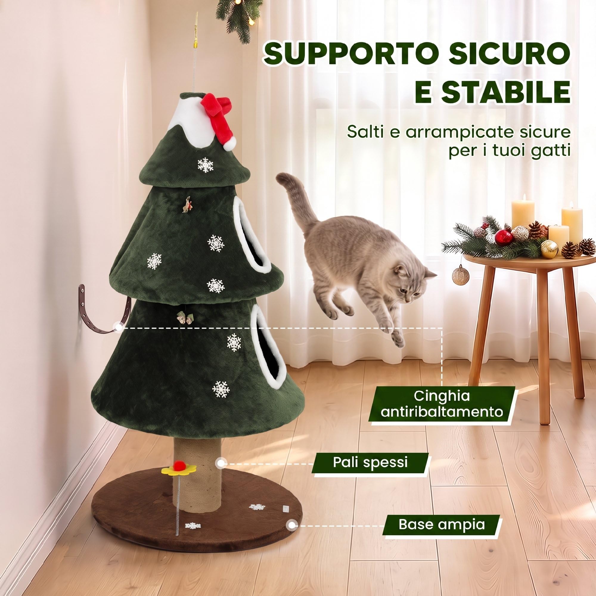 PawHut Albero Tiragraffi Natalizio per Gatti, 2 Cucce, Torre per Gatti con Scala in Sisal, Pali in Juta, Cinghia Antiribaltamento e Palline, 60 x 60 x 132 cm, Verde