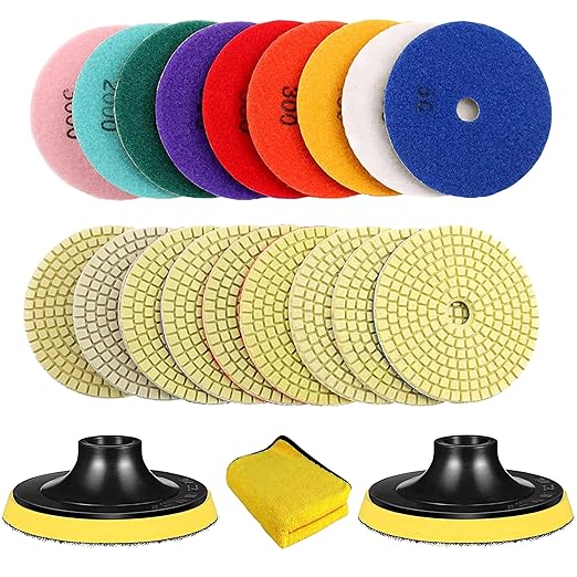 19PCS Diamond Polishing Pads 4 Inch Granite Stone Polish Kit, 50# - 3000# Grit with 5/8"-11 Backer Pad for Granite Stone Concrete Marble Floor Polishing