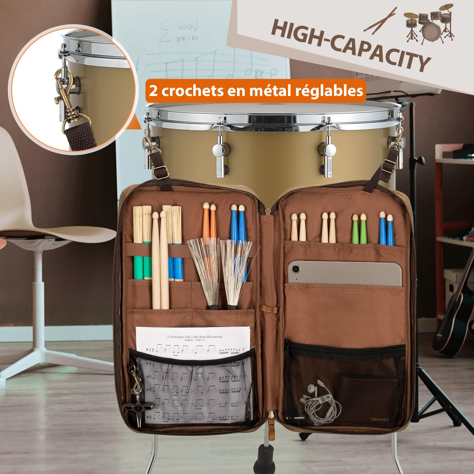 Damero Sac à Baguettes en Toile Cirée avec Bandoulière Amovible | Sac de Rangement pour Baguettes avec Poignée pour Batteurs, Groupes Débutants, Concerts