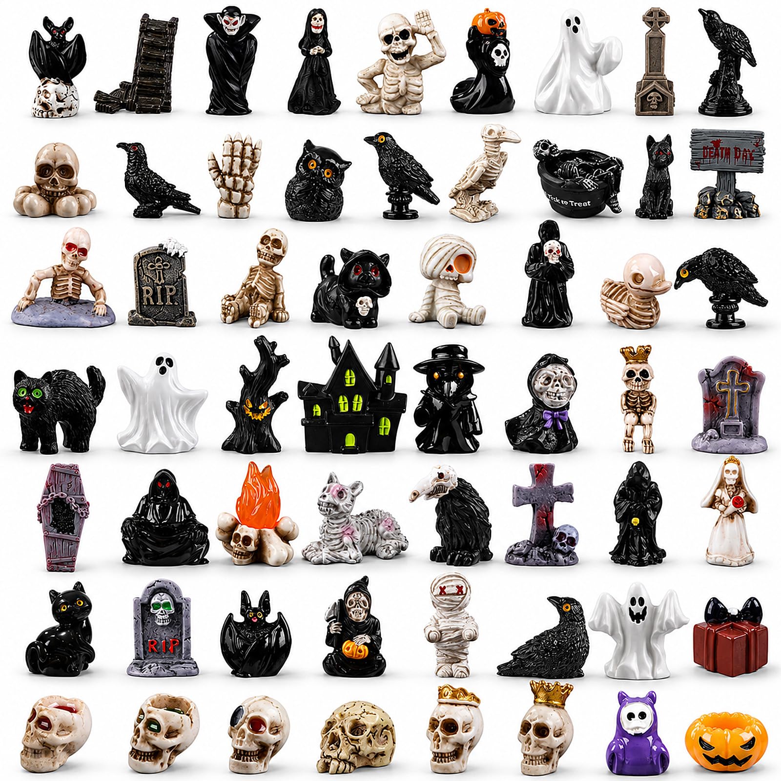 DIYDEC 60pcs Halloween Resin Miniatures Mini Ghost Skull Figures | Tiny Little Small Figurines to Hide Toys Bulk for Halloween Craft Party Favors Bag Fillers Garden Dollhouse Decor