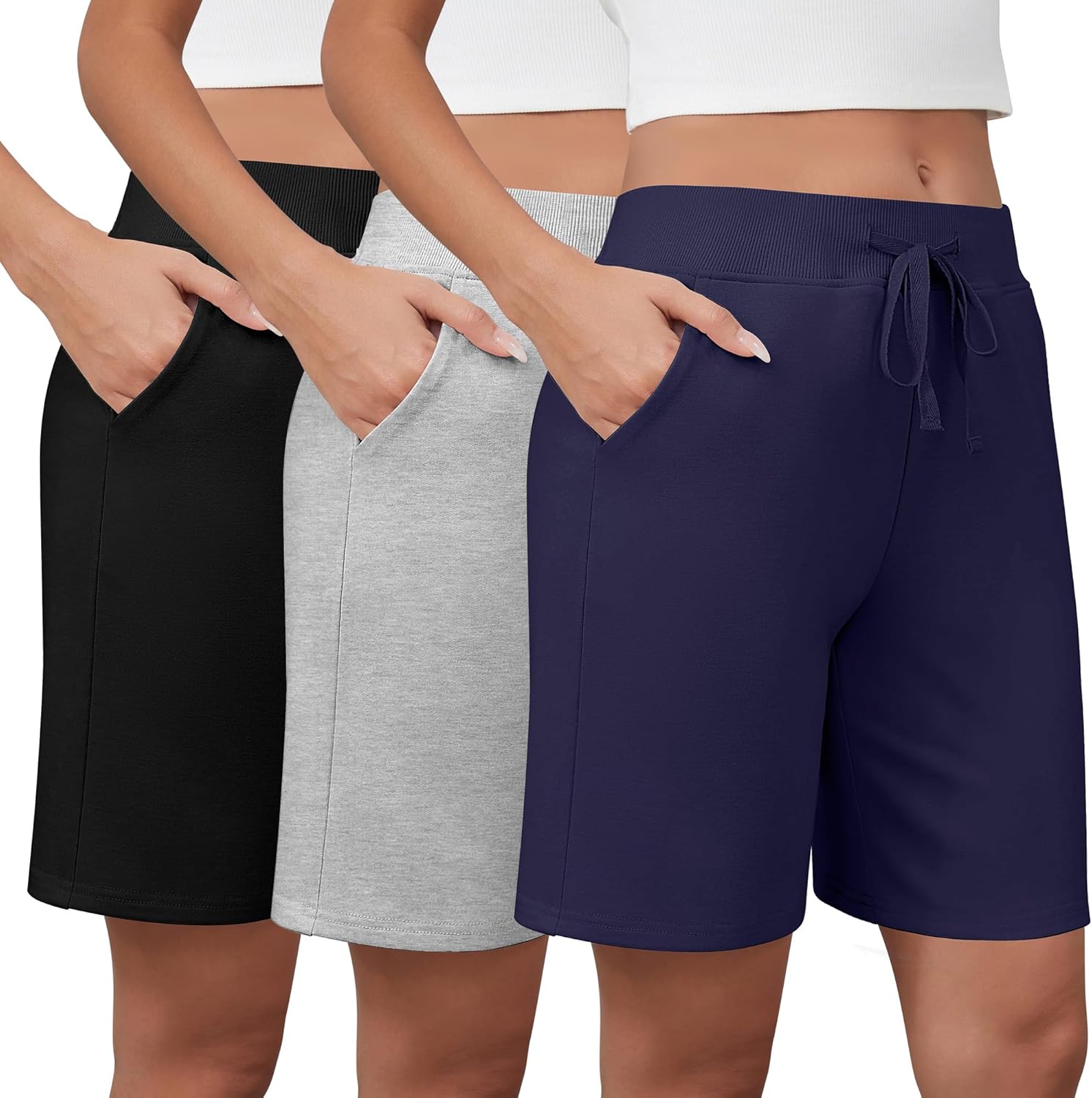 3 Pack Women's Bermuda Shorts Mid Rise Athletic Lounge Drawstring Shorts with Pockets Knee Length Mixed Gray, Navy Blue, Black Medium