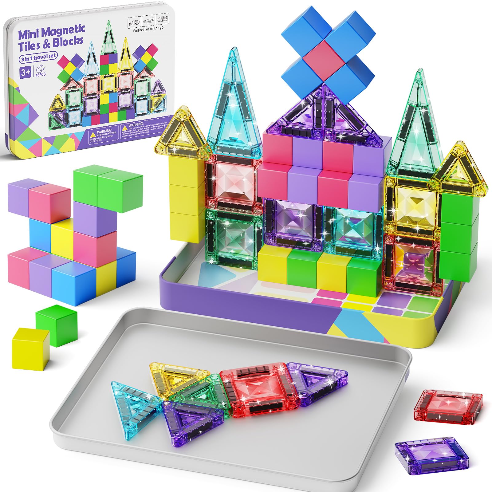 burgkidz Magnetbausteine Reise-Set 48 Teile – 3-in-1 Kompatible Magnetfliesen und Blöcke (3,75 cm / 1,875 cm) mit Ultraleicht-Metallbox für unterwegs, STEM Lernspielzeug für Kinder ab 3 Jahren