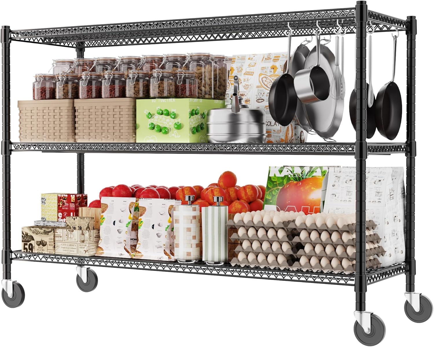 Storage Shelves,3-Tier Adjustable Metal Wire Shelving Unit with Adjustable Shelf,Supports Up to 1500 LBS,Sturdy for Garage Kitchen Pantry Storage Room Office Use with Wheels