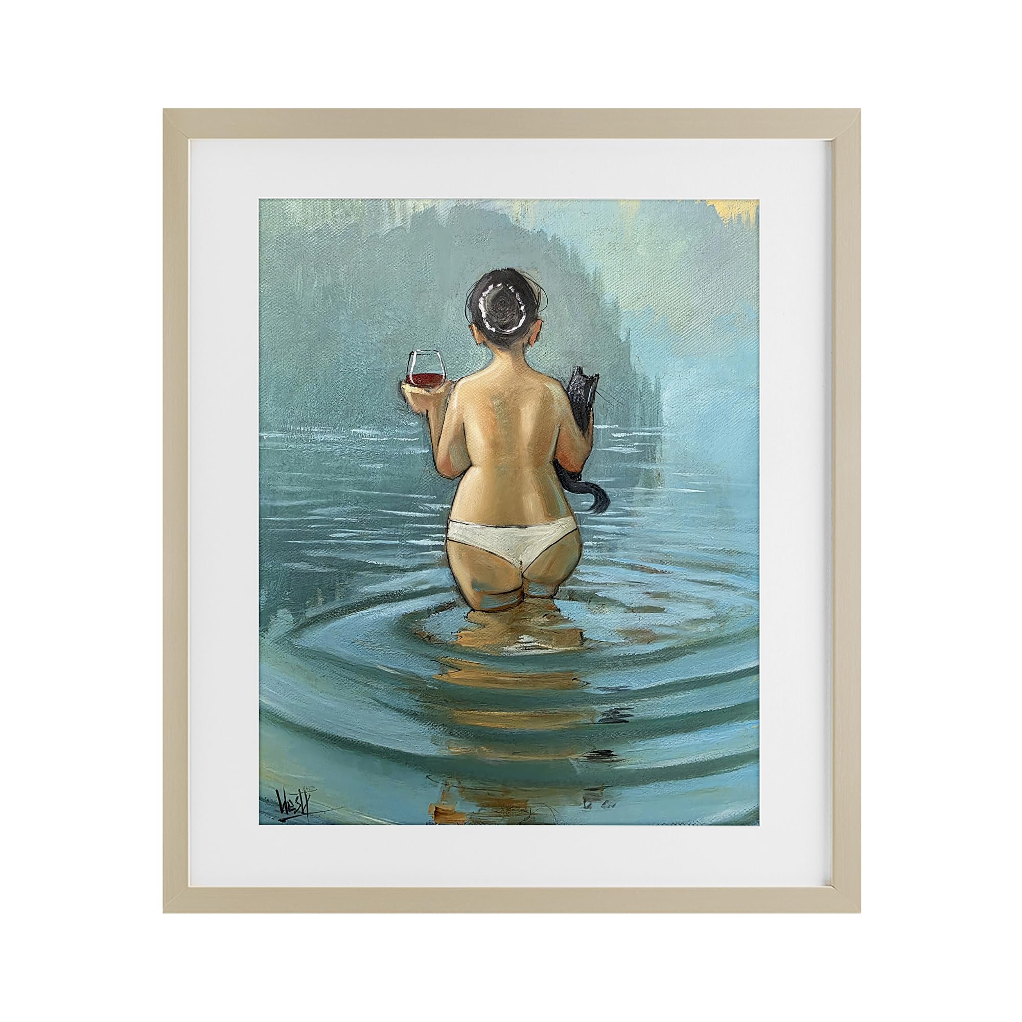 Stupell Industries Twilight Cat Wine Bath 'Cat & Wine Dip At Twilight', Framed Print Under Glass, Brown, 17 X 21 Inches, Easy To Hang And Sturdy, Made In Usa, By Ronald West