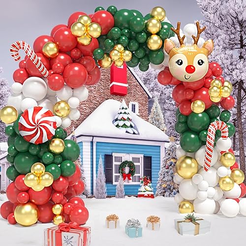 Kit de arco de globos de Navidad, 167 unidades, arco de globos de Navidad rojo, verde, blanco y dorado con globos de bastón de caramelo, globos de