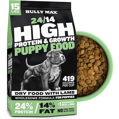 Bully Max Puppy Food 24/14 High Protein & Growth Formula - Dry Dog Food with Lamb & Rice for Small & Large Breed Puppies - Natural, Slow-Cooked, Sensitive Stomach Pet Food - 15lbs (3 bags, 5 lbs each)