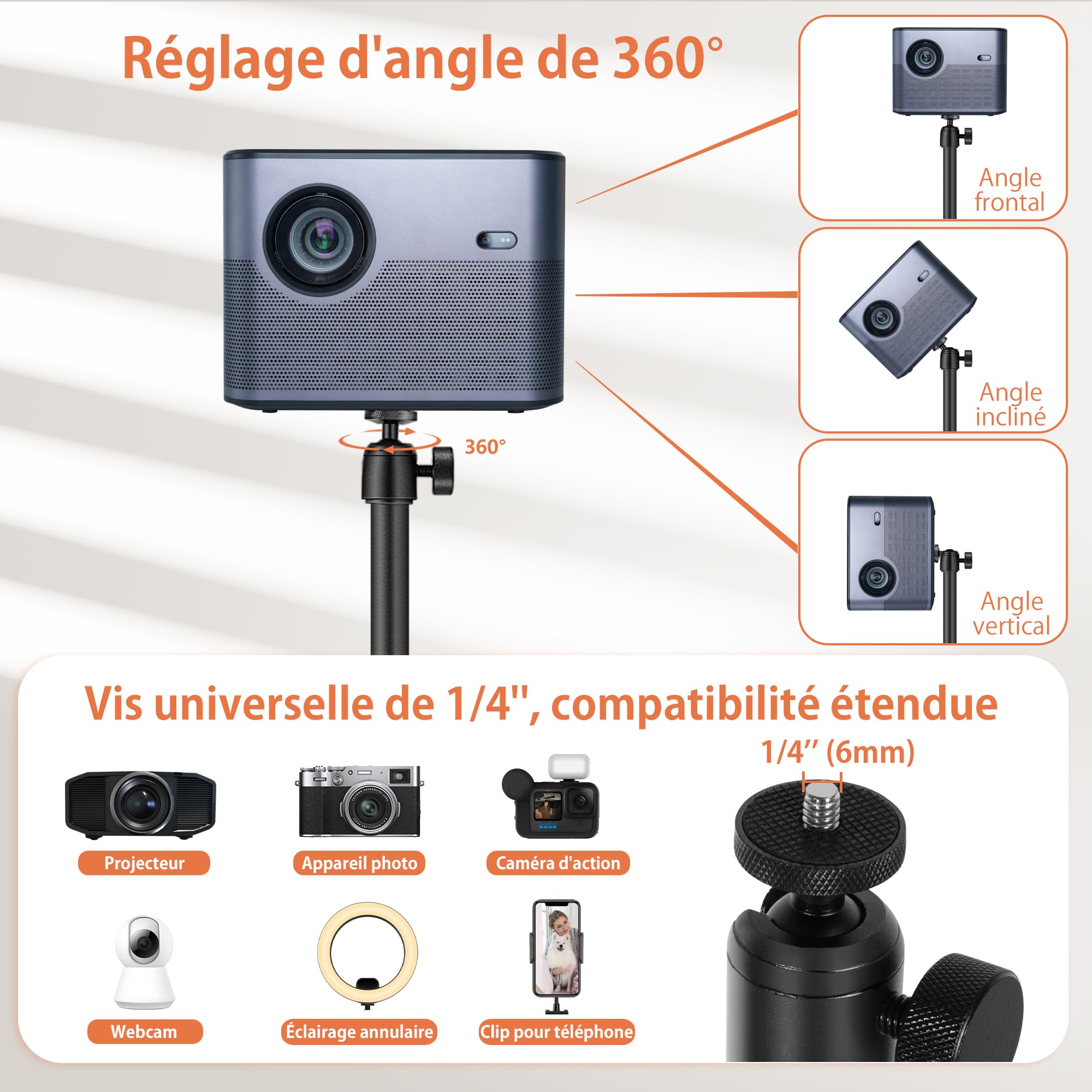 Support de Projecteur en métal, Hauteur réglable de 90 à 126cm avec Rotation d'angle à 360°, Peu encombrant, Supporte jusqu'à 5 kg, Compatible avec Projecteur, Appareils Photo et Plus Encore