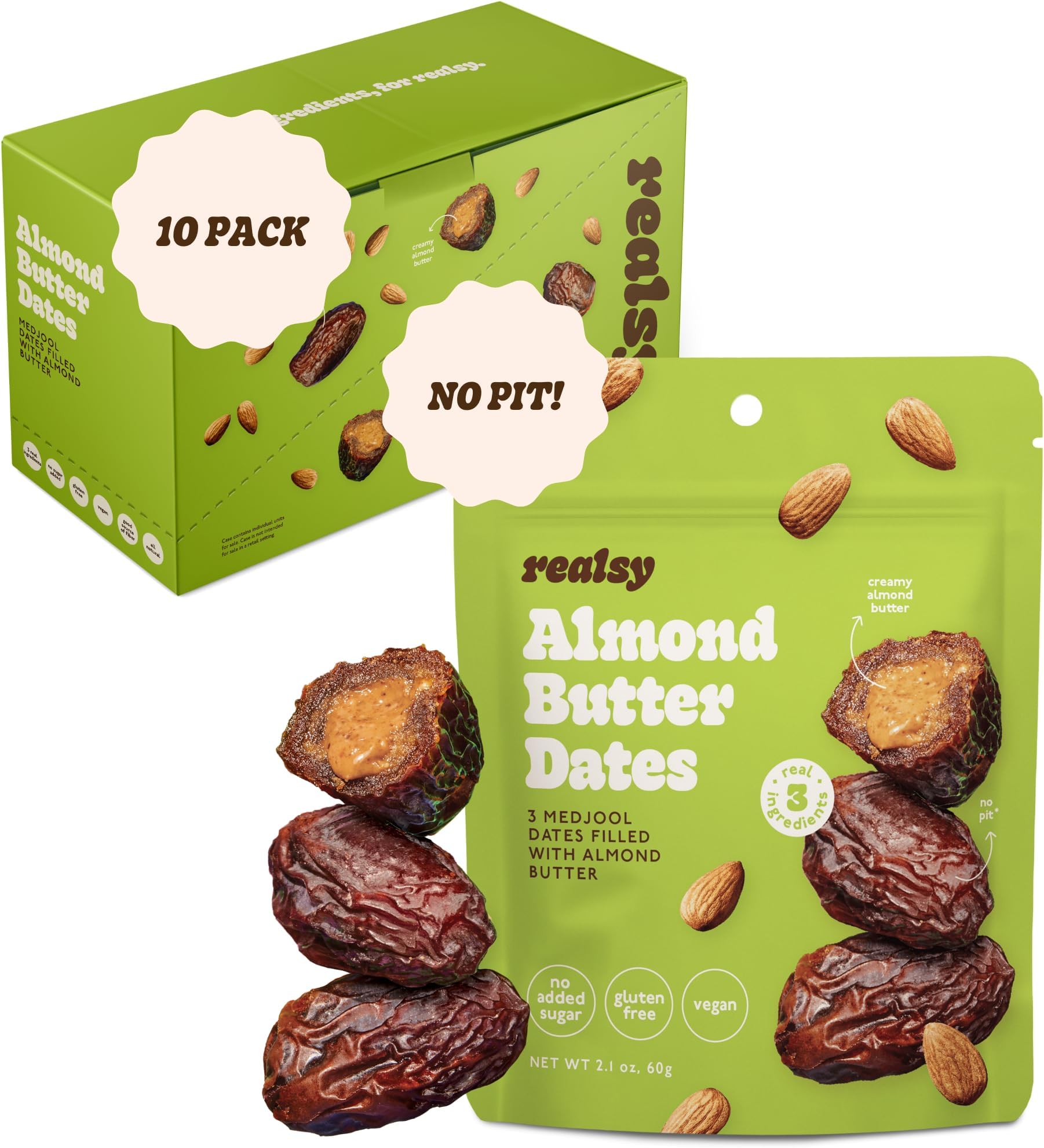 - Realsy Almond Butter Stuffed Medjool Dates, Organic Dates with No Sugar Added, Gluten-Free, Vegan, Good Source of Fiber, Low Glycemic Index, All Natural Healthy Snack, (10 Pack)