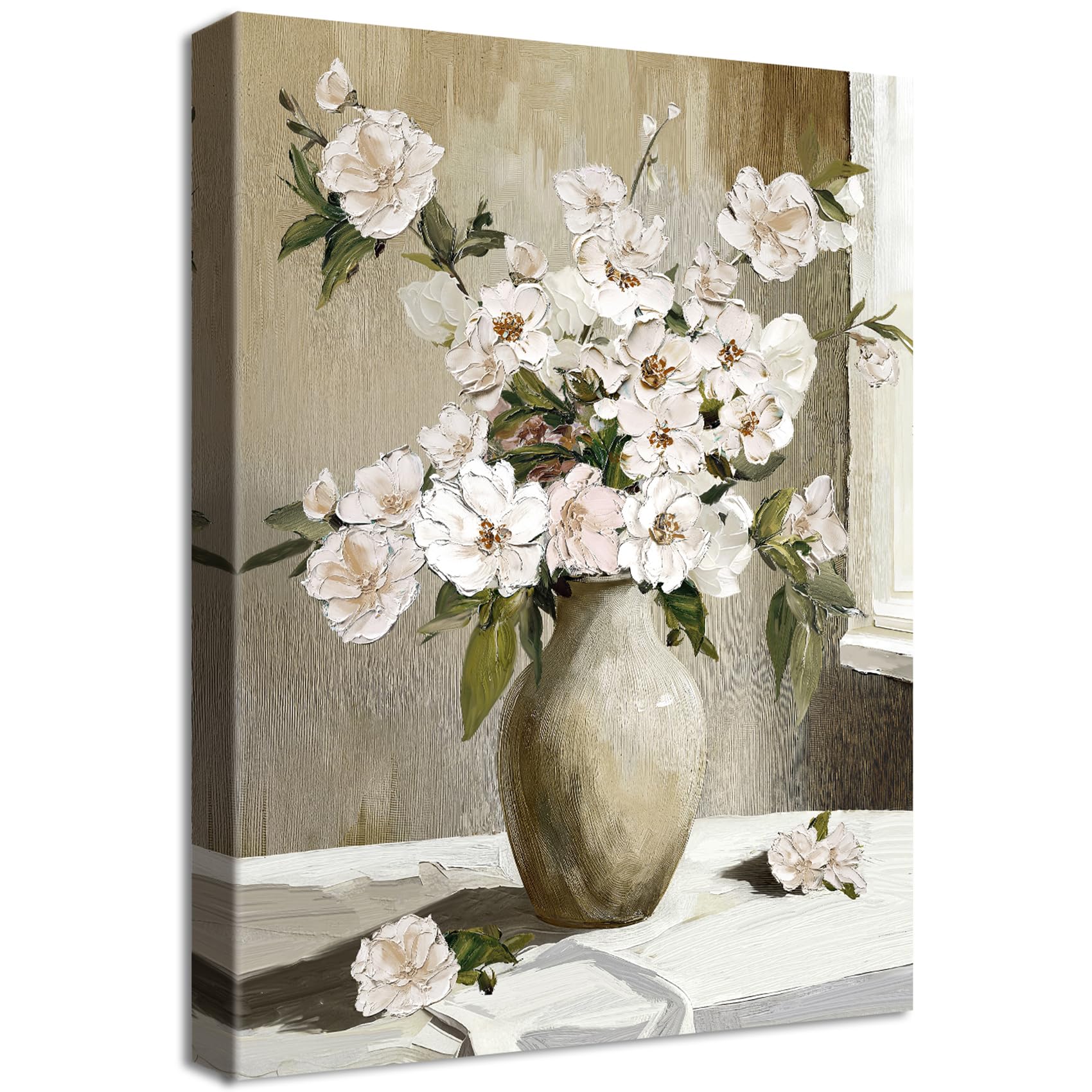 Wooden Framed Canvas Wall Art White Pink Flower Painting on Canvas Prints Floral Aesthetic Still Life Poster Vintage Rustic Botanical Pictures for Living Room Kitchen Shelf Hallway Wall Decor 30x40cm