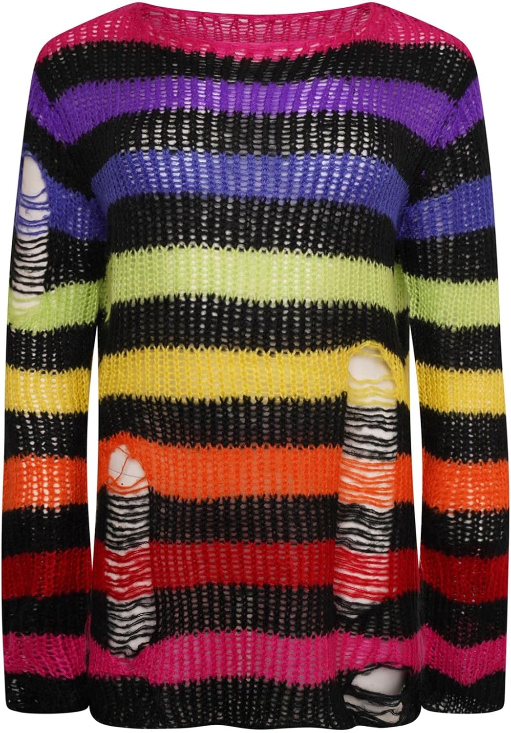 Ro Rox Gothic Knitted Jumper with Distressed Look - Oversized Pullover with Ripped Design, Long Sleeves, Loose Fit, 90s Grunge Style Stripe Pattern, Multicolor, L-XL