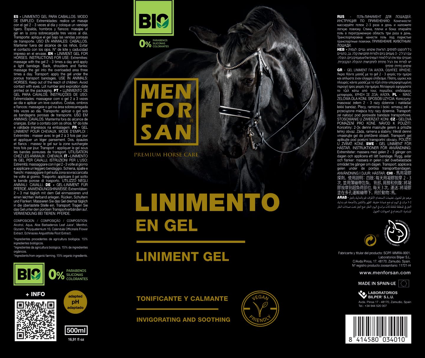 MENFORSAN Gel Liniment pour Chevaux, 500ml | Apaise et stimule Les Muscles | Vegan Friendly, 100% Natural | Premium Horse Care