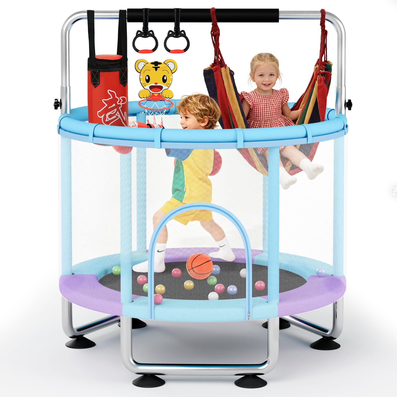150cm Kindertrampolin, Trampolin Indoor/Outdoor für Kinder, Spielzeug mit Höhenverstellbarer Turnstange, 250KG Belastbar, Sicherheitsnetz, Basketballkorb, Schaukel, Ringe, Boxsack, Ozeanbälle