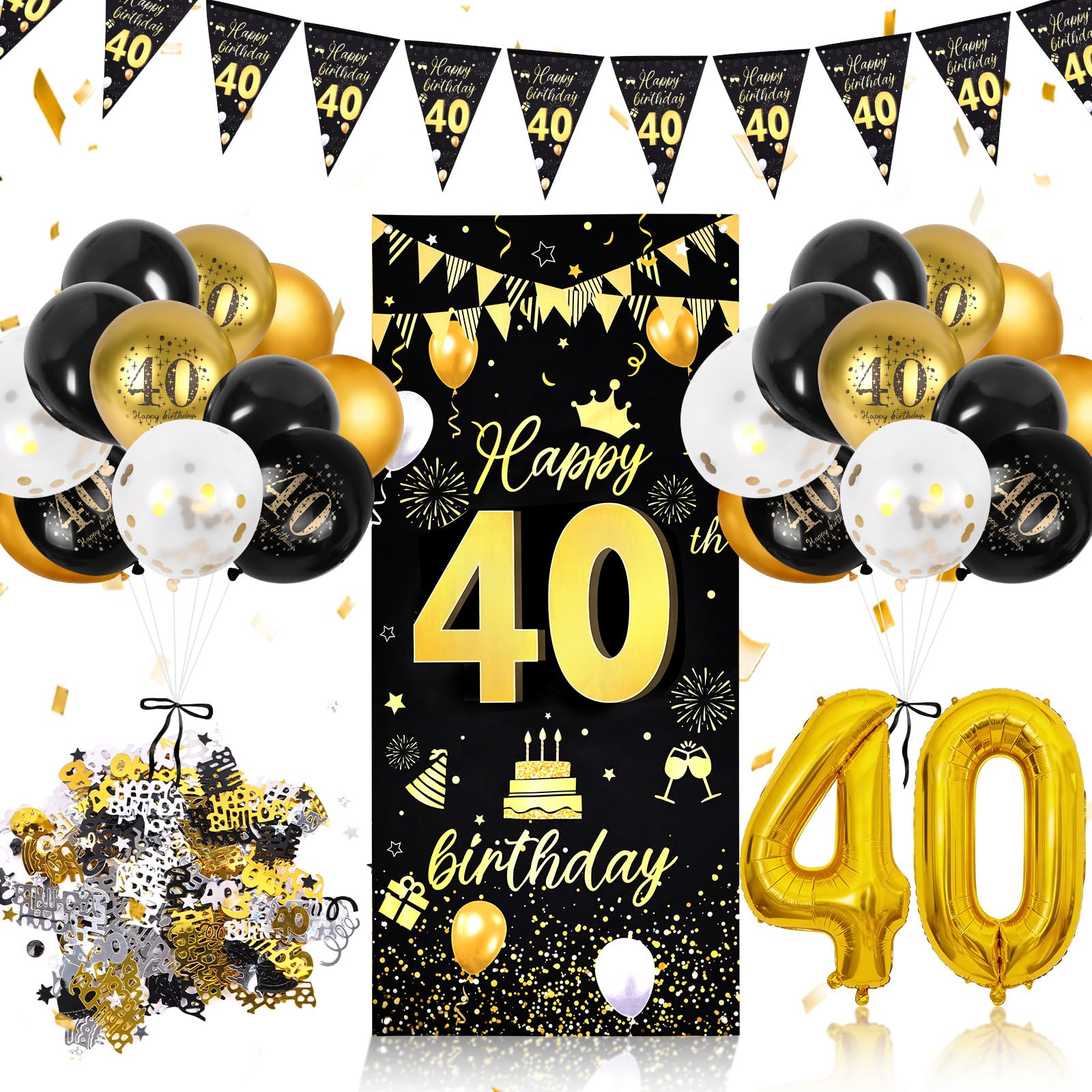 AUAUY 40th Birthday Decorations for Men Women, Complete Black Gold Birthday Party Supplies Decorations with Banner, Triangle Flag Banner, 40th Balloons, Latex Balloons and Confetti