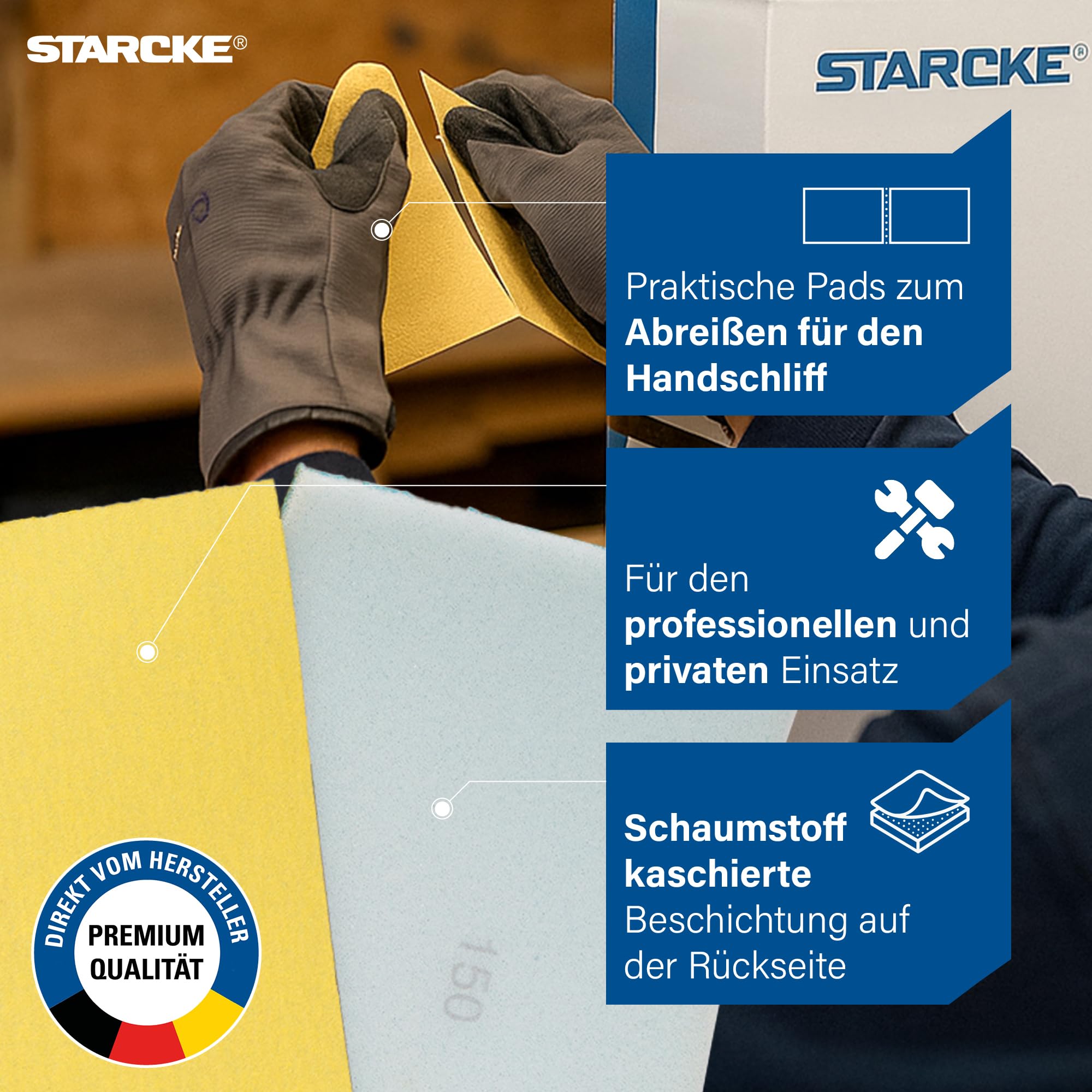 STARCKE® Schleifpapier Set 178x [25m Rolle] Abreißbar mit Schaumstoff - MADE IN GERMANY - Schleifpad Set mit Stearatbeschichtung - für Gips, Lack, Holz, Spachtel, Autolack, Maler (P150)