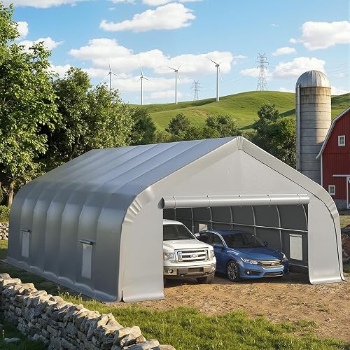 EROMMY 20x30 FT Reinforced Heavy Duty Carport, Galvanized Steel Frame with Through-Bolt Reinforcement Garage Shelter and Outdoor Storage, Waterproof 3-Layer PE Cover, Fits 2 Cars, Boat, Farm Equipment