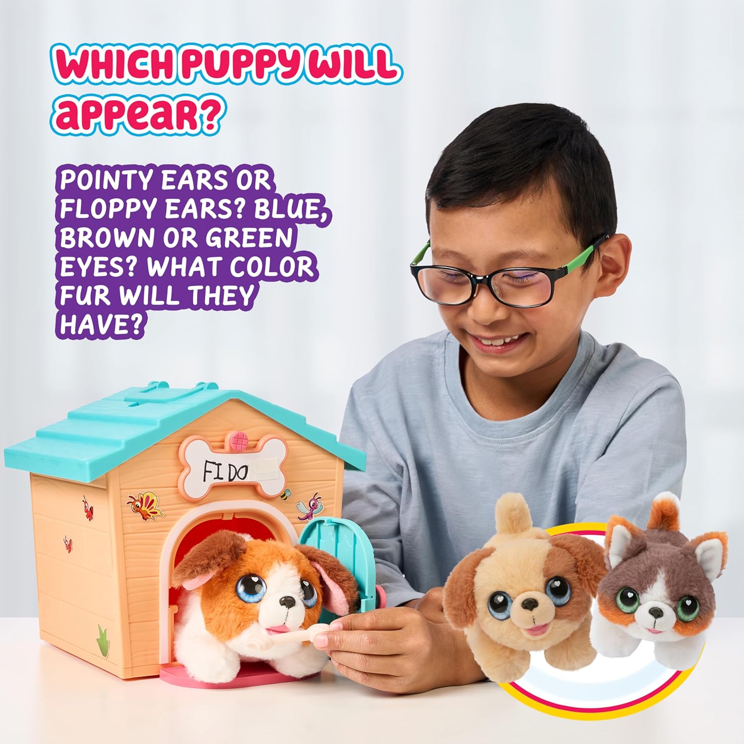 A child interacting with the Little Live Pets My Puppy's Home Mini Playset, with the assembled dog house and two other plush puppies shown, highlighting the surprise element of different puppy variations.