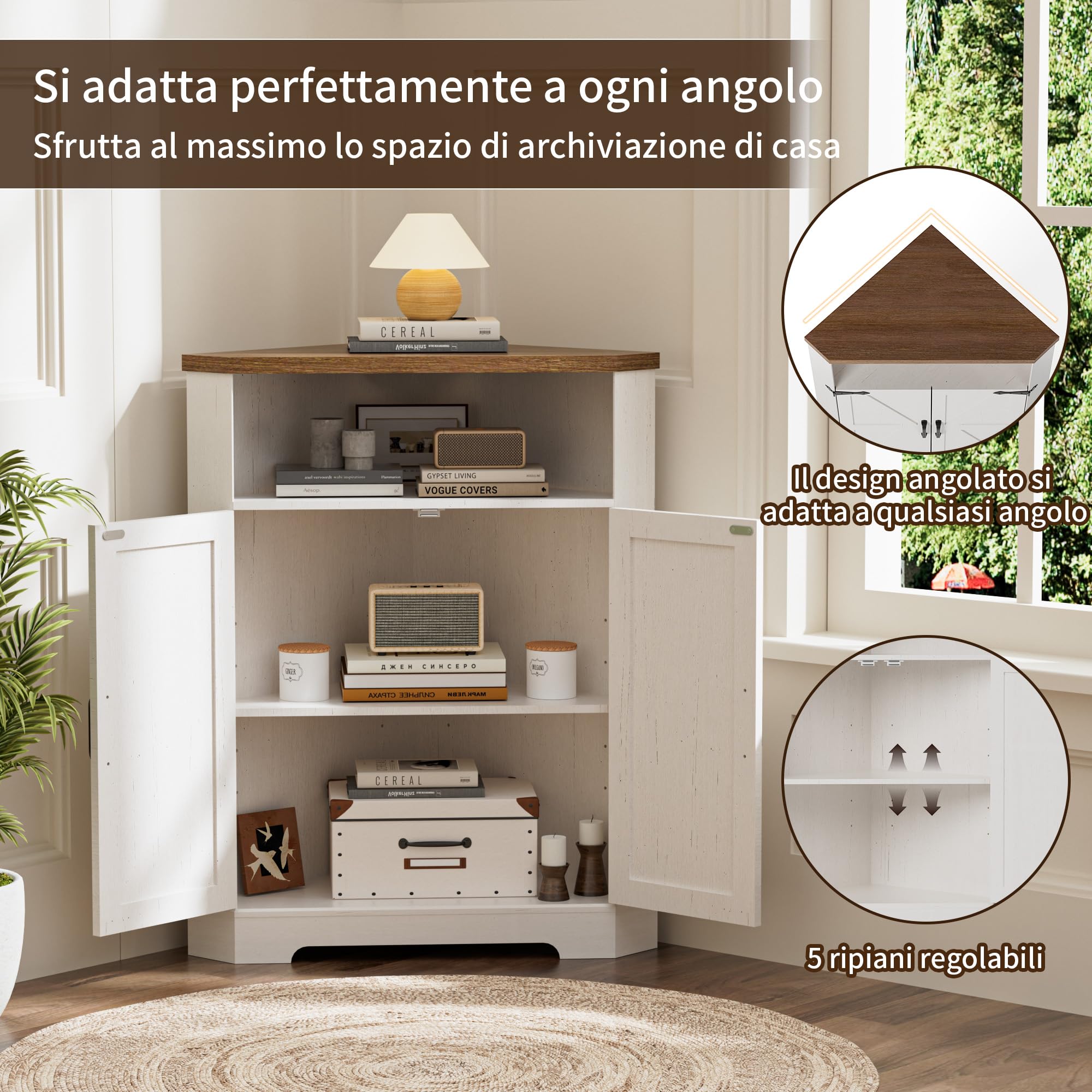 BonVache Mobile Angolare Bianco, con 5 Ripiani Regolabili