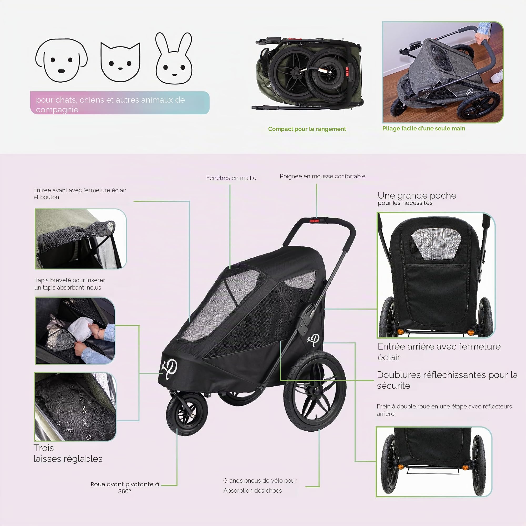 Breeze Black | Remorque de vélo de Luxe pour Chien | Jogger de Grande Taille | Pliage à Une Main | Pneus pneumatiques | Housse de Pluie Incluse | Pompe à Pneu | Adaptateur de vélo