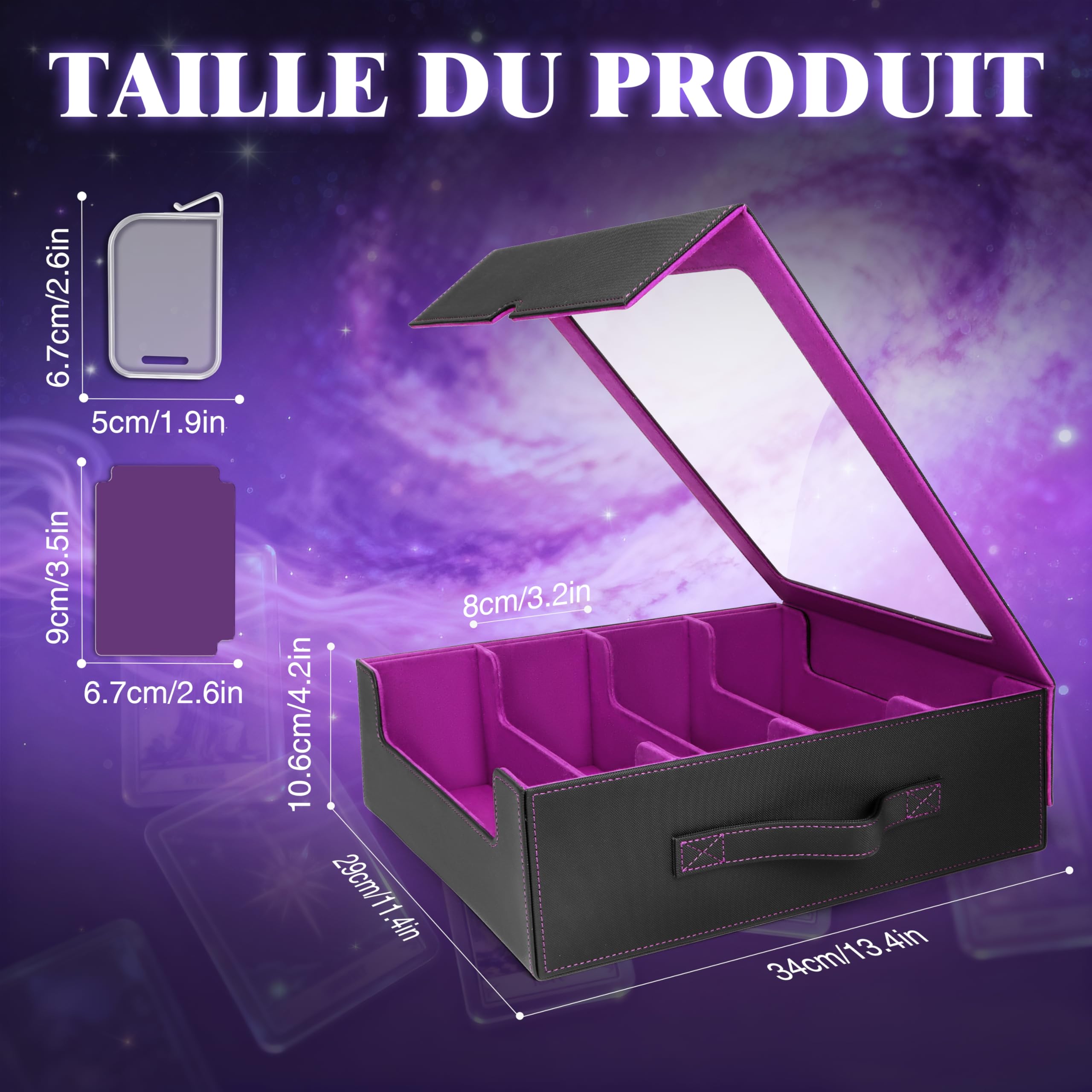 Charmofun Boîte Rangement Carte, Boîte à Cartes pour Plus de 2400+ Cartes Avec 10 Séparateurs, 4 Blocage et Plateau à Dés, Boîte à Rabat Magnétique Avec Cuir Pu et Poignée (Violet, 2400+)