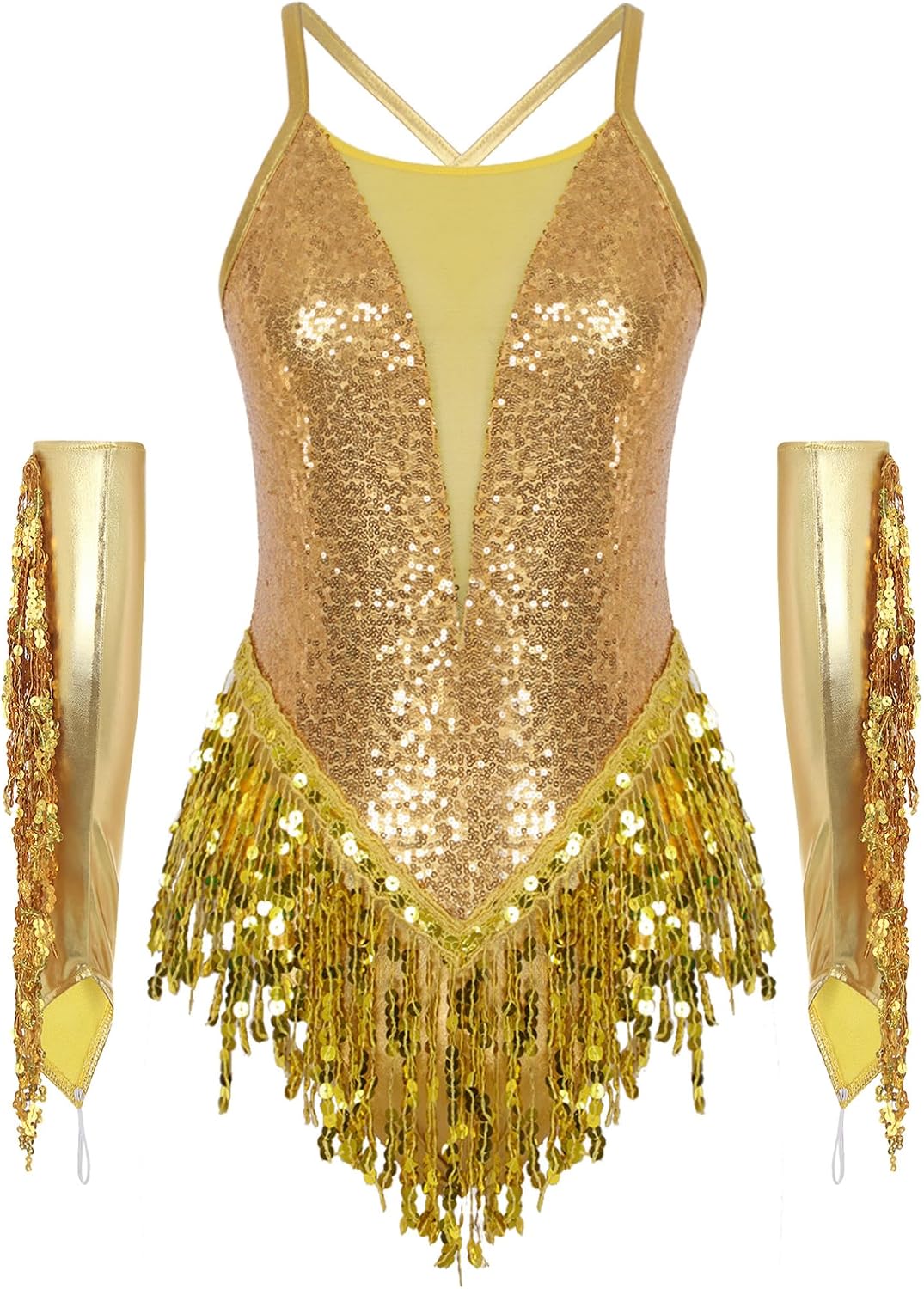 JEATHA Women Sequins Tassel Latin Dance Leotard Rumba Samba Salsa Jazz Dance Dresses with Tassel Gloves