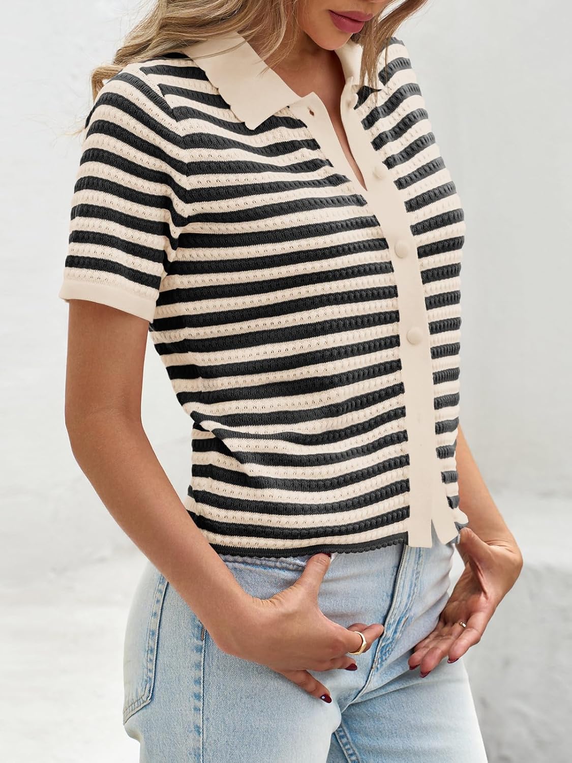 Saodimallsu Womens Striped Short Sleeve Sweater Tops Polo Collared Button Crochet Summer Cropped Cardigan - Image 4