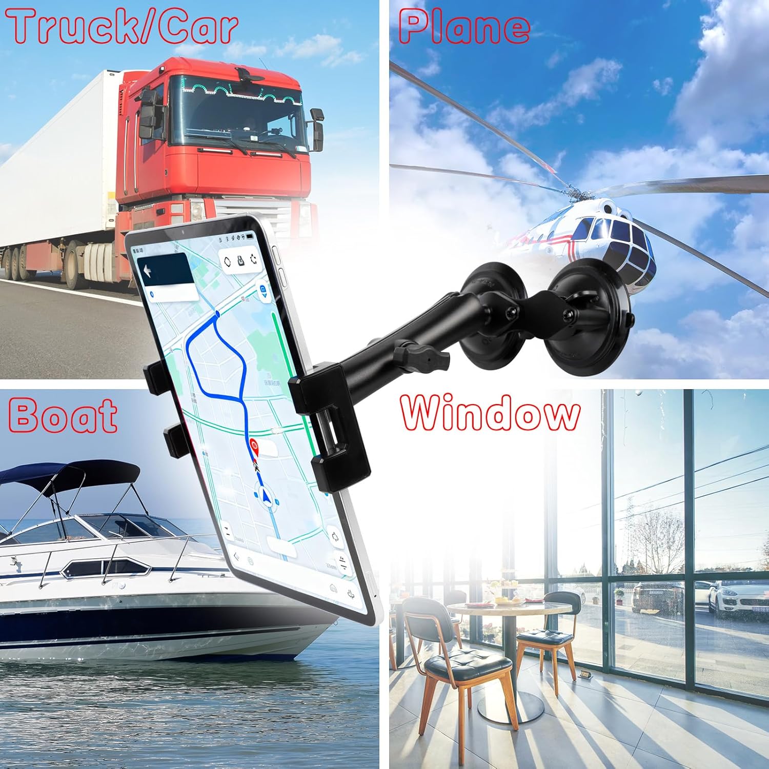Pilots Tablet Holder with Strong Dual Suction Cups, Universal iPad Mount for Aircraft Car Boat Truck Windshield, Fits iPad mini/Air/Pro 12.9/11, iPhone 5-13" Devices