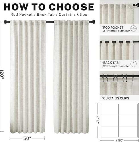 Miniatura 3 de MEETBILY Cortinas semitraslúcidas con textura de lino de 120 pulgadas, extra largas con bolsillo para barra de cortina neutra y pestaña trasera,