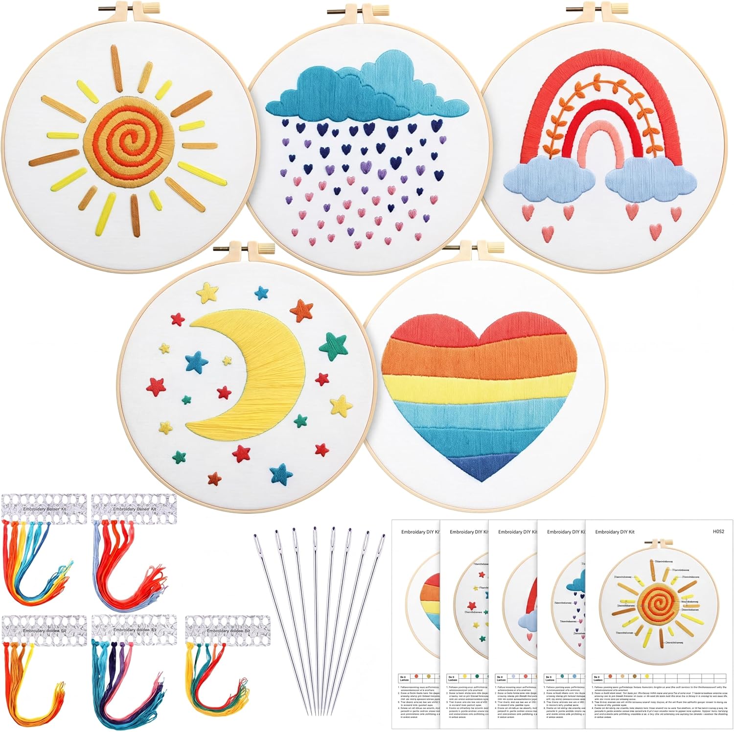Yinder 5 Set Starter Embroidery Kit for Beginners Boho Cross Stitch with Patterns Embroidery Hoops Instructions Floss Punch Needlepoint Kits Crafts DIY Adult Beginner Cross Stitch(Rainbow)