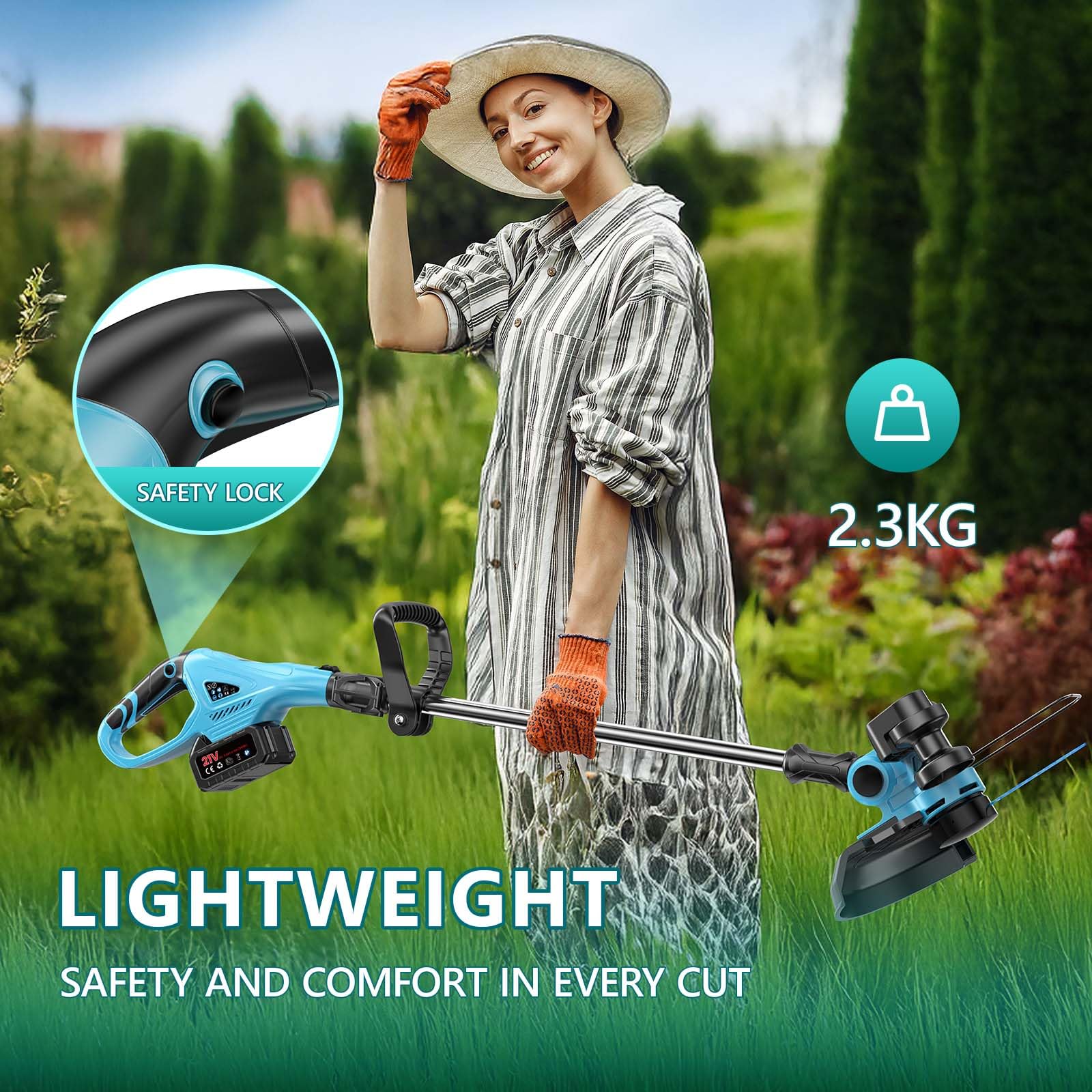 Akku Rasentrimmer 21V Set mit 2X 4.0Ah Akkus – 300mm Schnittbreite, 2-in-1 Kantenschneider (2,3kg) – Passend für gängige 18V / 21V Akku-Systeme – Komplettset inkl. Gartenschere, Brille & Handschuhe