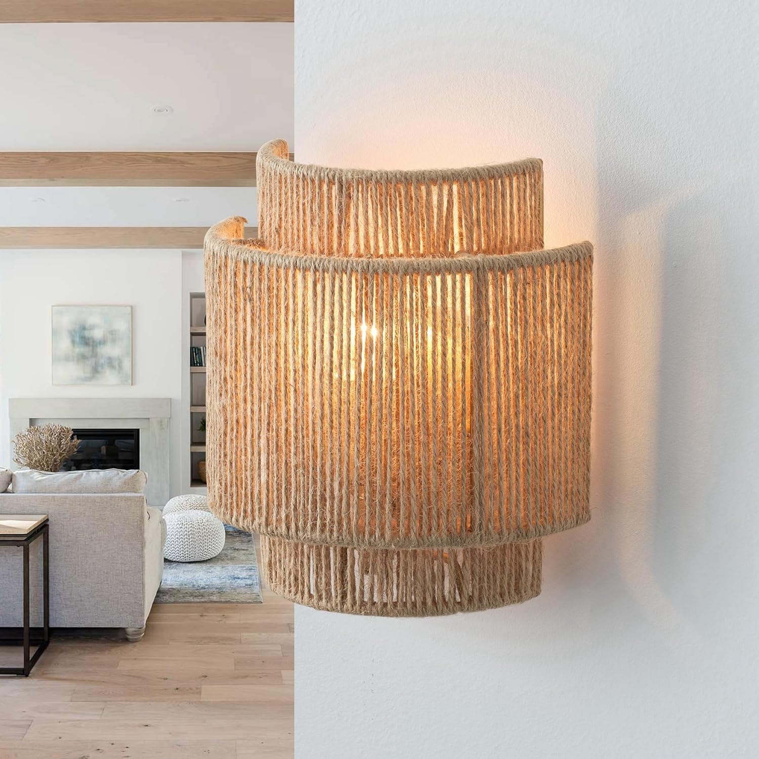 Rattan Wall Sconce - 10 Inch Farmhouse Sconces Wall Lighting - Indoor Wall Lights with Hand Woven Hemp Rope Shade, Wall Lamps for Bedroom Bedside Living Room Doorway Hallway Stairway
