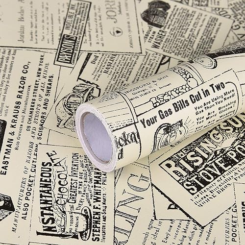 Miniatura 8 de WENMER Papel de contacto de periódico de 17.71 x 236 pulgadas, papel tapiz autoadhesivo vintage para despegar y pegar, papel tapiz extraíble para