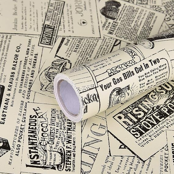 WENMER Newspaper Contact Paper - 17.71' x 118' Vintage Peel and Stick Self Adhesive Wallpaper Removable Wallpaper Roll for Furniture, Shelf, Drawer Liner