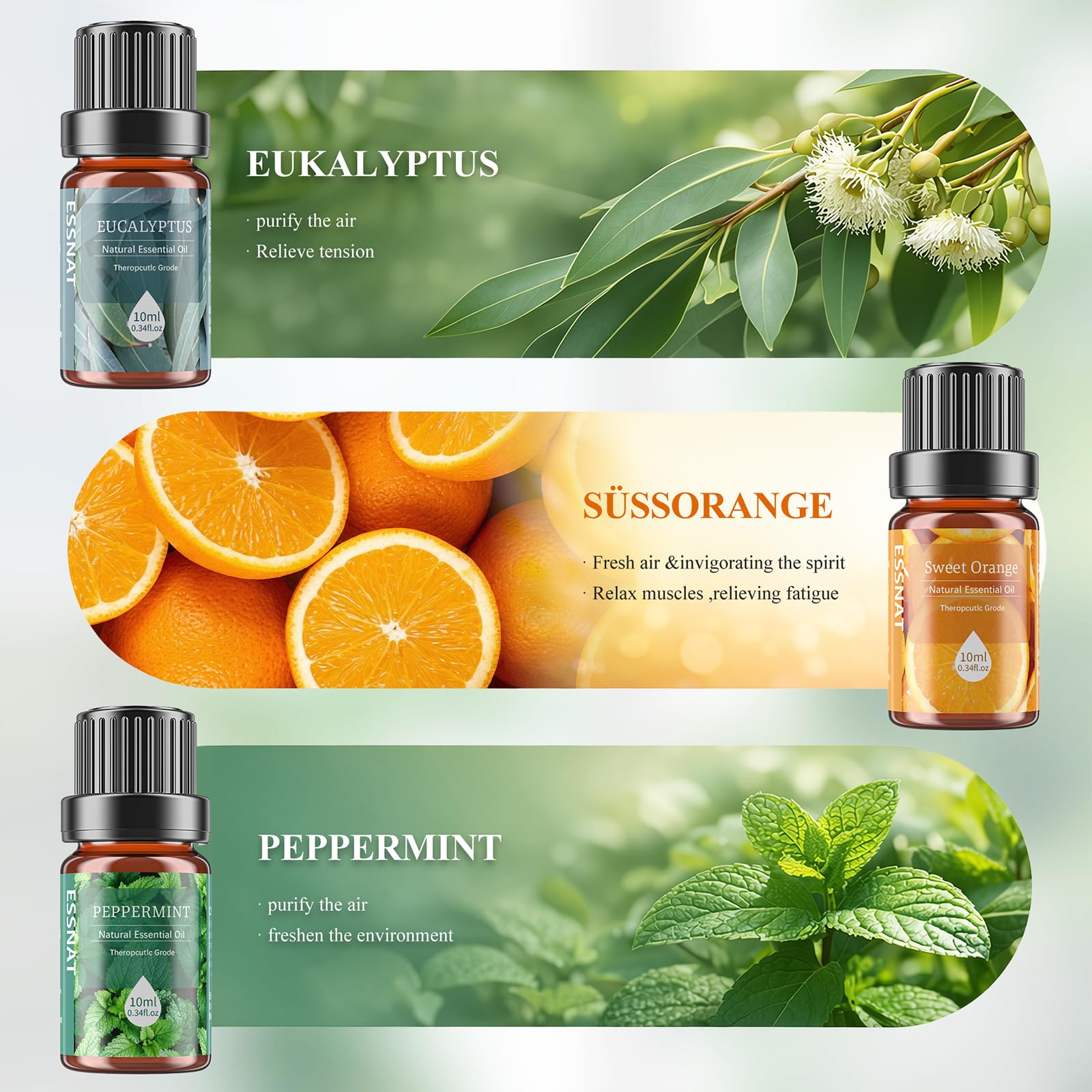 Oli Essenziali Set per Diffusore 6x10ML, Oli Essenziali Naturali per Aromaterapia,SPA – Lavanda,Menta Piperita,Eucalipto,Arancia Dolce,Tea Tree,Lemongrass – Oli Essenziali per Diffusori Casa