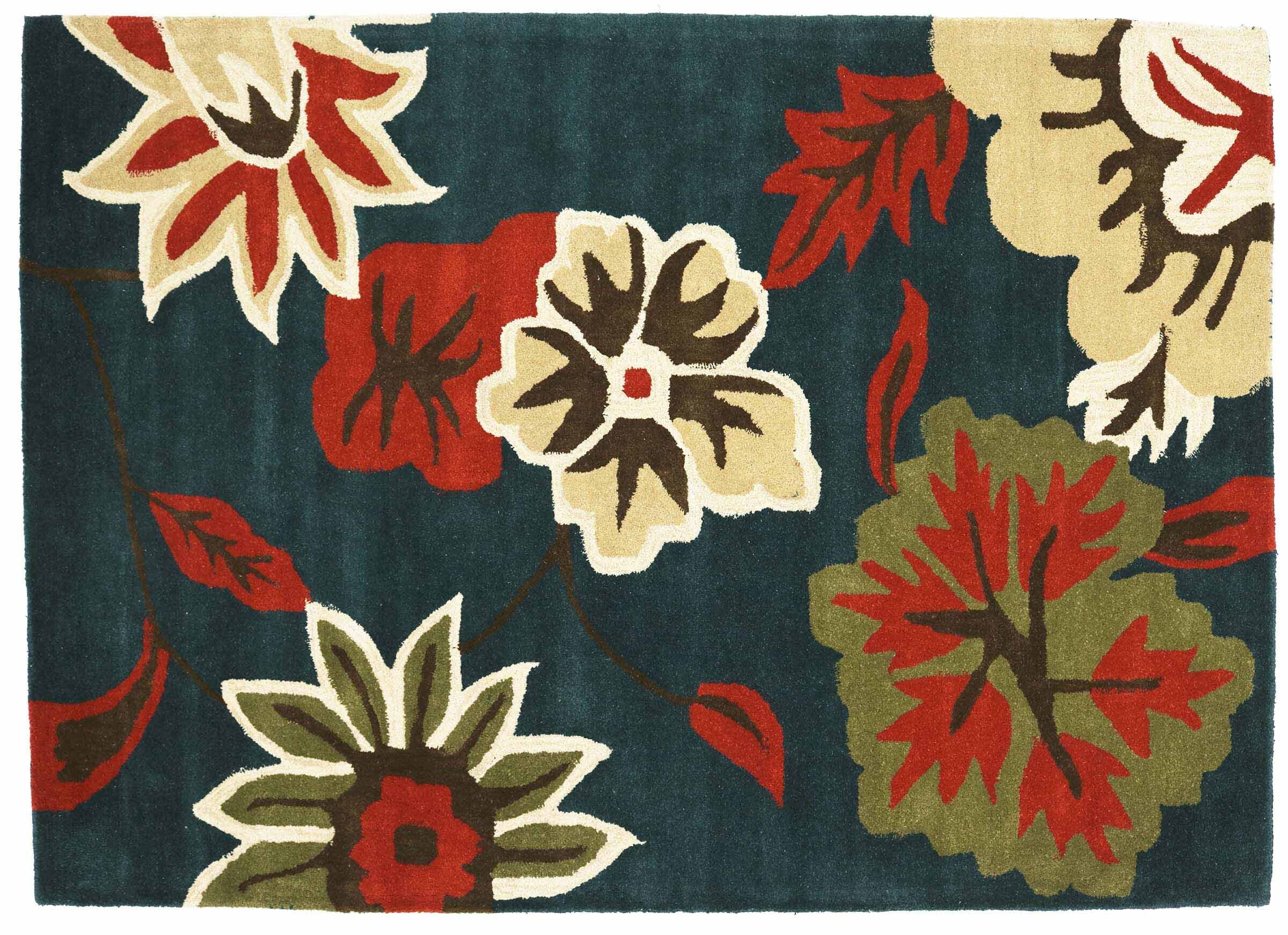 Tapis en laine d'exception bleu fait main 160x230 cm motif floral moderne