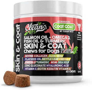 Clean Pets Salmon Oil Omega 3 Fish Oil for Dogs Skin and Coat Supplement | Dog Collagen Aloe Vera Biotin Keratin Flaxseed Nettle Leaf Sea Kelp Hyaluronic Acid Brewers Yeast Vitamin A - Coat Goat