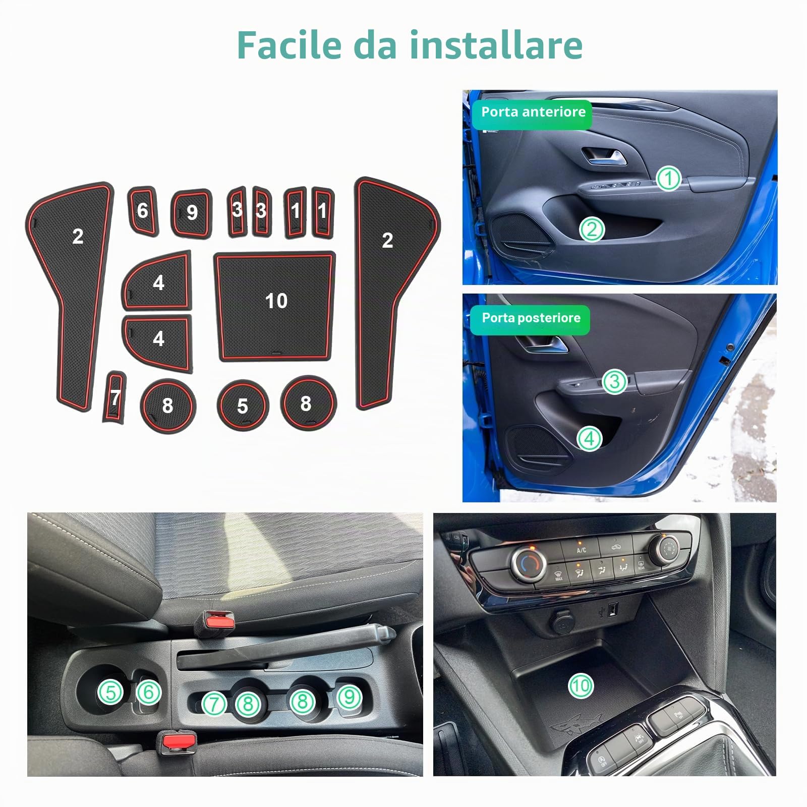 GAFAT Compatibile con Opel Corsa F 2020-2024 2025 (Freno Manuale) Tappetini Antiscivolo, Corsa F 2024 Tappetini in Gomma per Console Centrale, Cuciture per Porta [Non per Automatico & EV] (Rosso)
