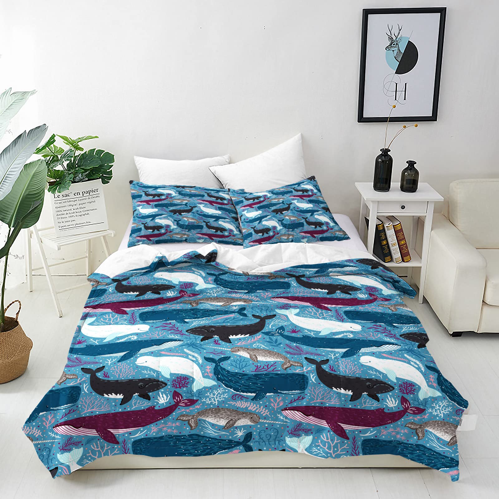 ANHOPE Whale Duvet Cover Set Soft Comforter Cover Ocean Underwater Animal Print Pattern 3 Piece Bedding Set with Pillowcase All Season Quilt Cover with Zipper for Kids Adults Double Size — image 1