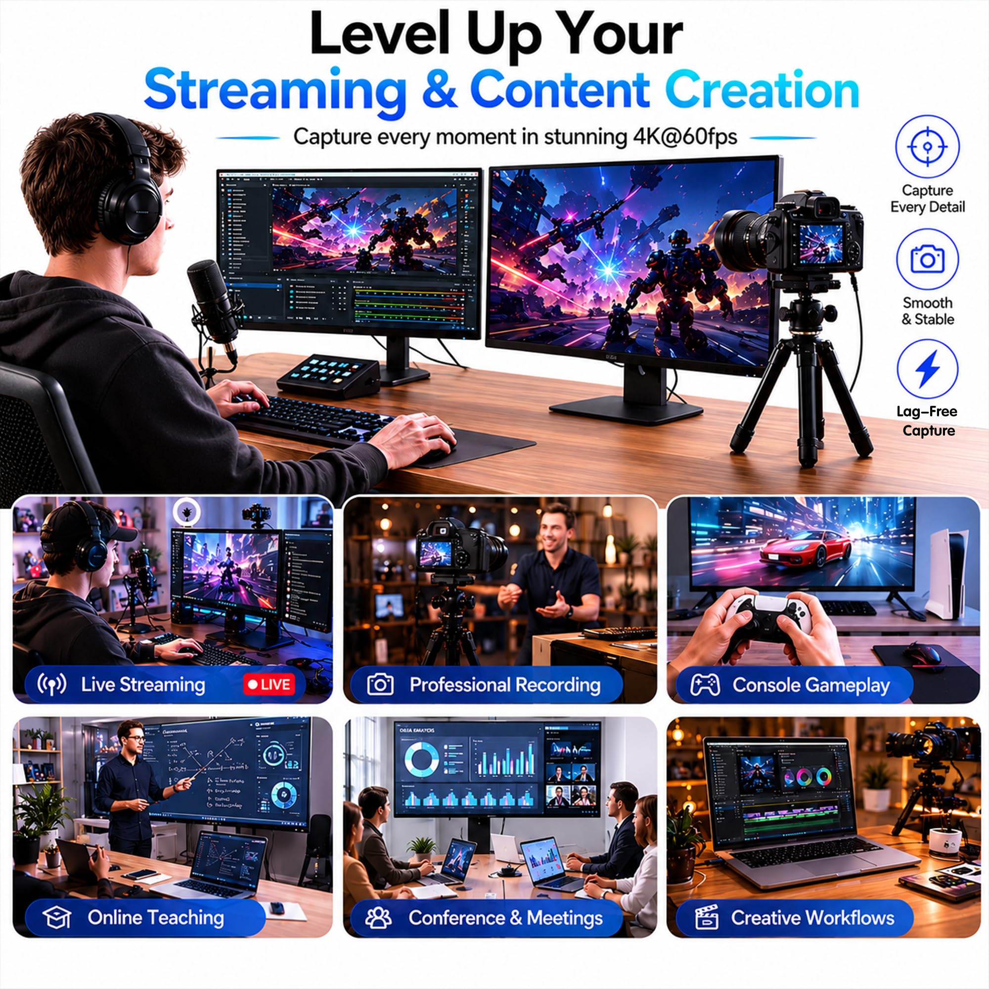 Guermok Carte d'acquisition HDMI 4K60FPS/2K120FPS, PD100W, USB3.0, Argent | Streaming, enregistrement et jeu à faible latence, Compatible avec consoles portables, Plug-and-play sans pilote, ordinateurs