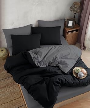 FORMEYA Lastikli Çarşaflı Nevresim Takımı Tek Kişilik (1 Adet Yastık Kılıflı) (Siyah-Gri)