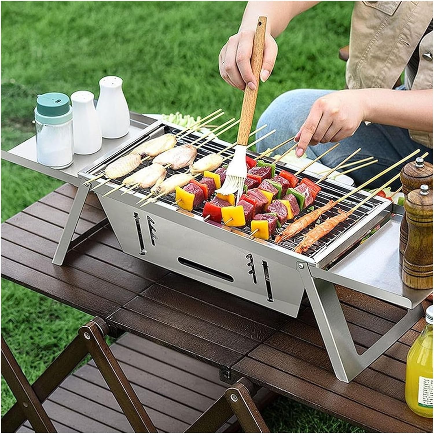 Portable Charcoal Grill, Stainless Steel Folding Outdoor BBQ Tool Kits Lightweight Barbecue Grill Small desk Tabletop Outdoor Grill for Camping