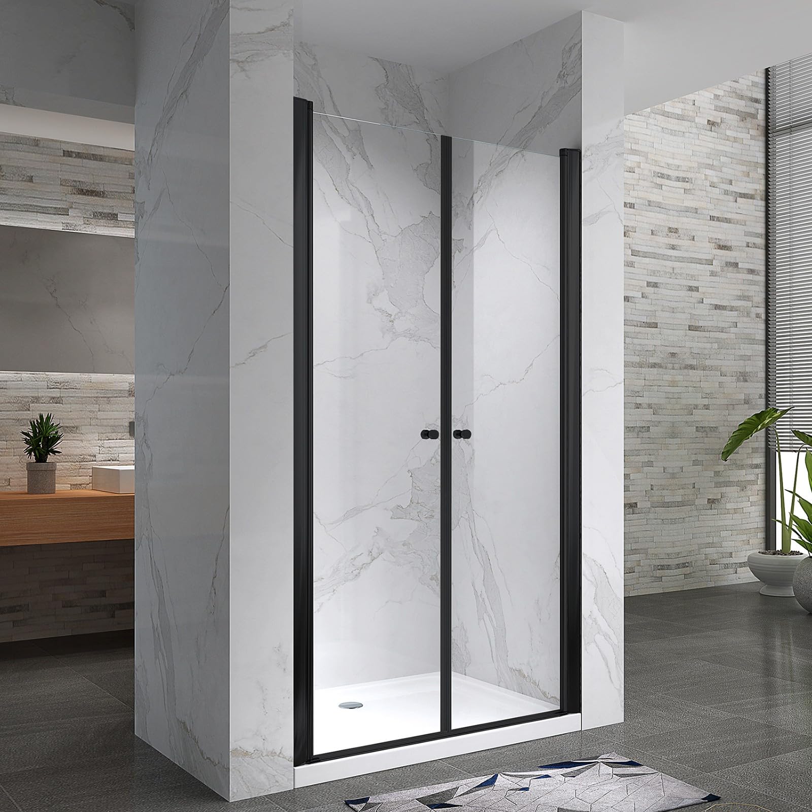 GINA-BLACK Porte de douche H.195 cm, largeur réglable 104 à 108 cm, verre transparent 6 mm, anticalcaire, profilés alu noir