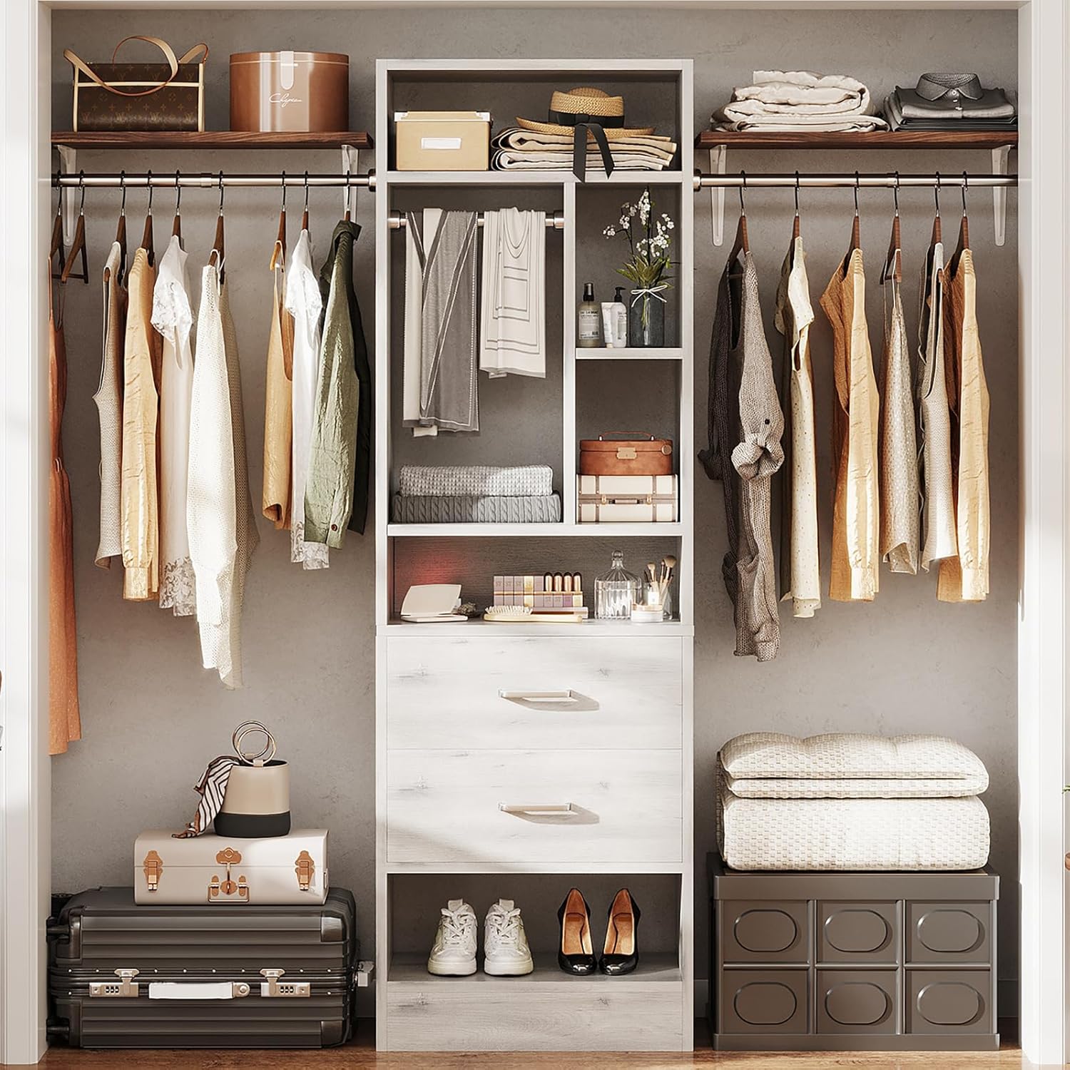 COTUBLR Closet System, 48" W - 105” W Closet Organizer with 24” Tower and 2 Extendable Hanging Rods, Walk-in Wardrobe Garment Rack with 2 Wooden Drawers and 6 Shelves, Fit up to 600 LBS (White Oak)