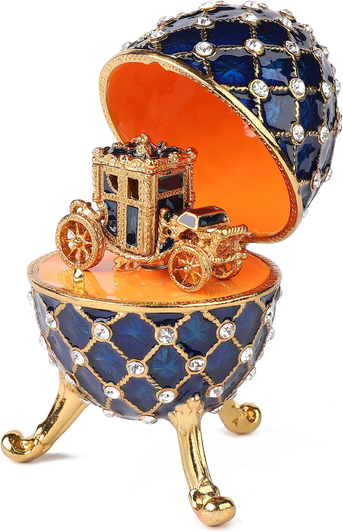 QIFU Vintage Blue Easter Egg Style Trinket Box with Mini Royal Carriage, Unique Gift for Easter Collection(QF5291)